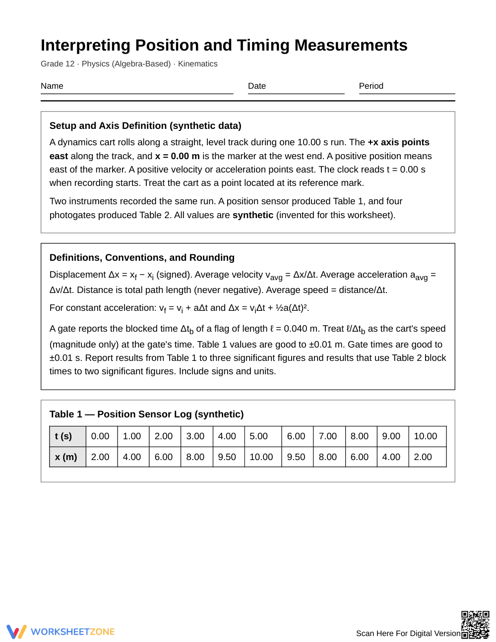 Printable Position & Timing Worksheet | Grade 12 Physics - Page 1