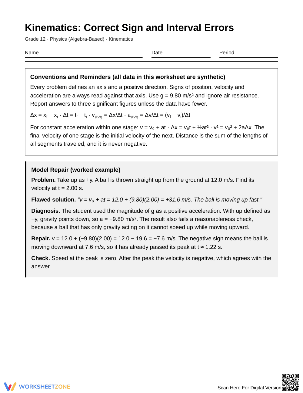 Printable Sign & Interval Error Worksheet | Grade 12 Physics - Page 1