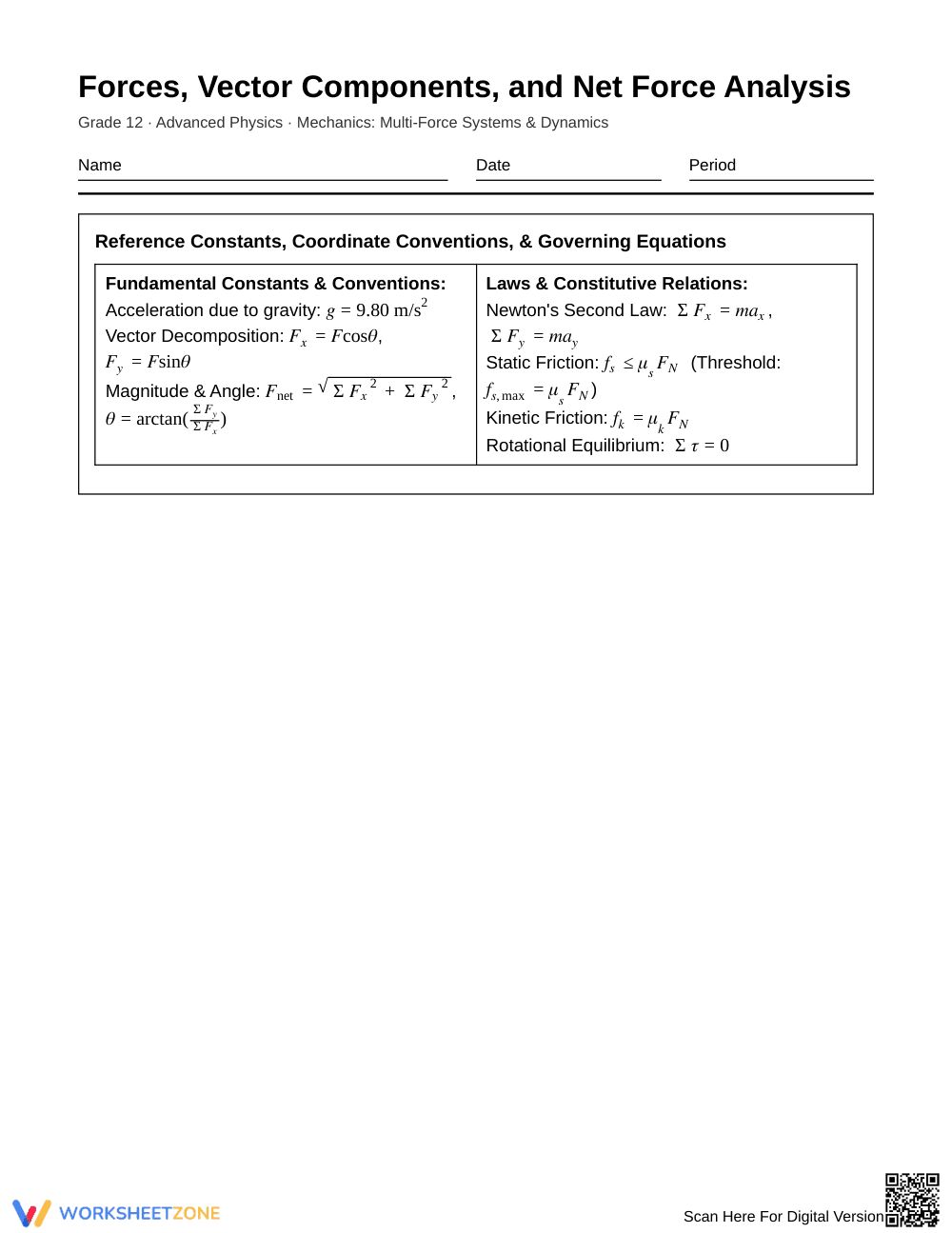 Essential Net Force Components Worksheet | Grade 12 Physics - Page 1