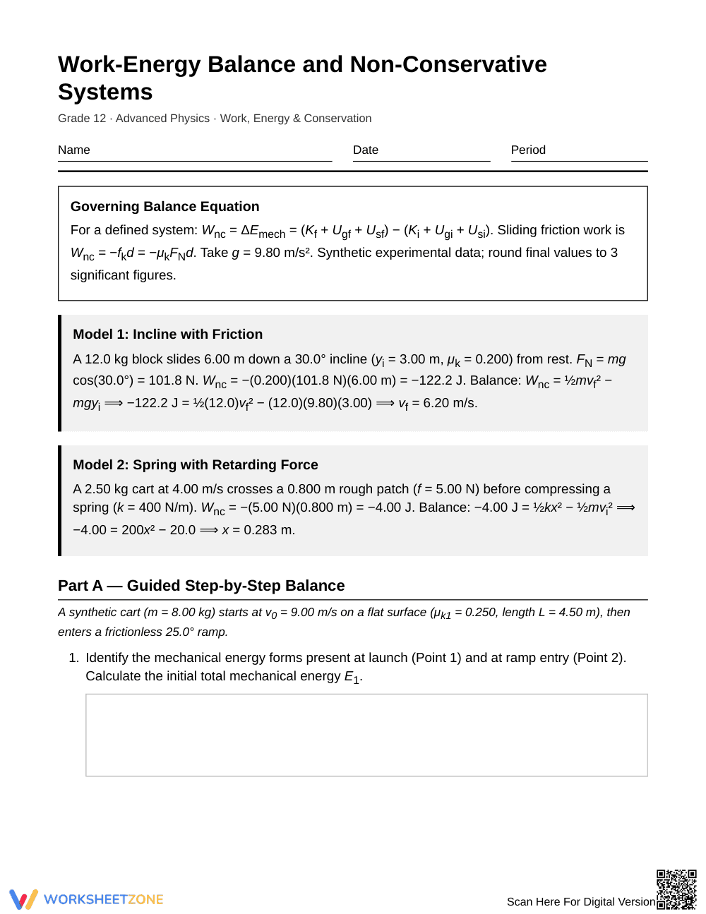 Complete Work-Energy Balance Worksheet | Grade 12 Physics - Page 1
