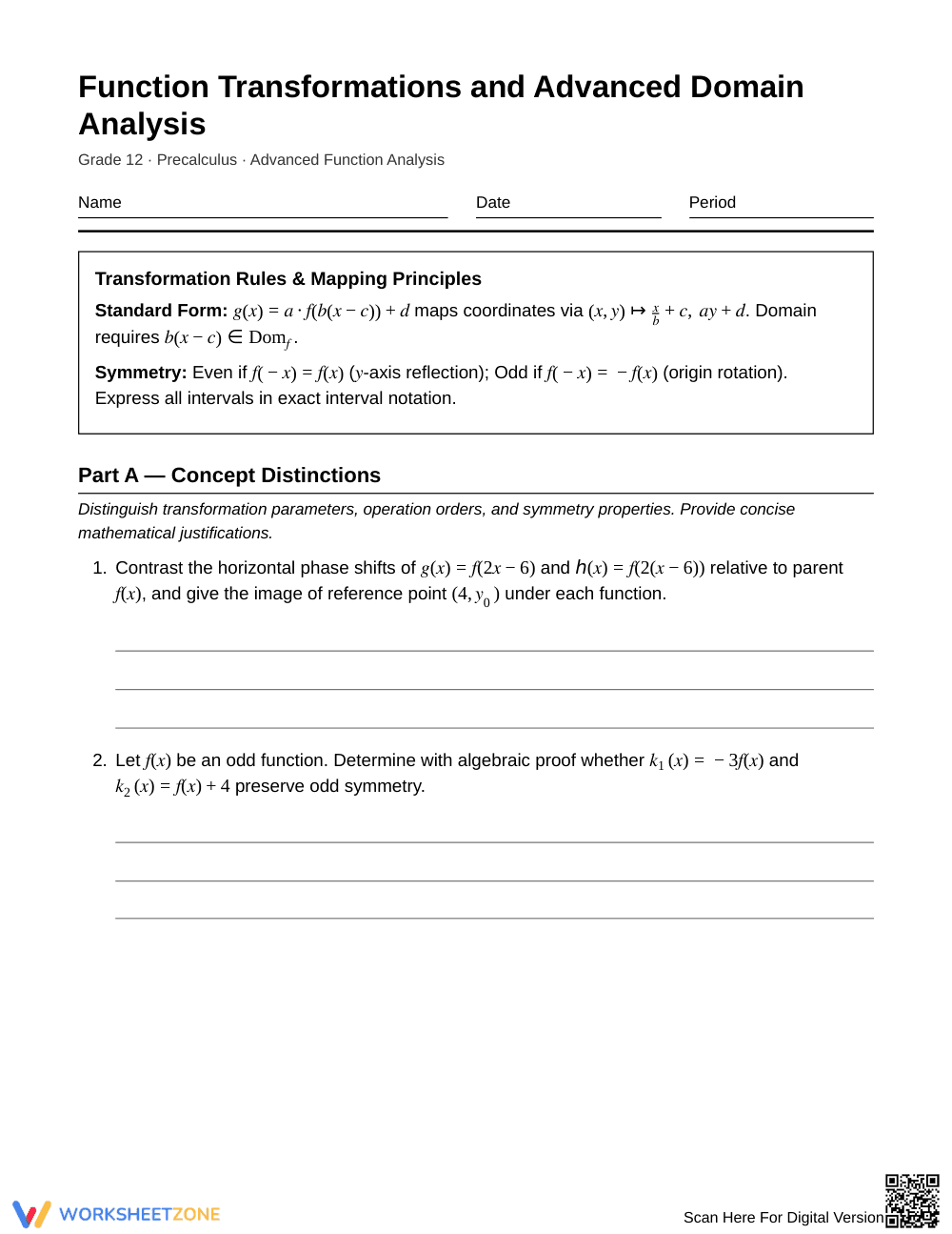 Proven Function Transforms Worksheet | Grade 12 Precalculus - Page 1