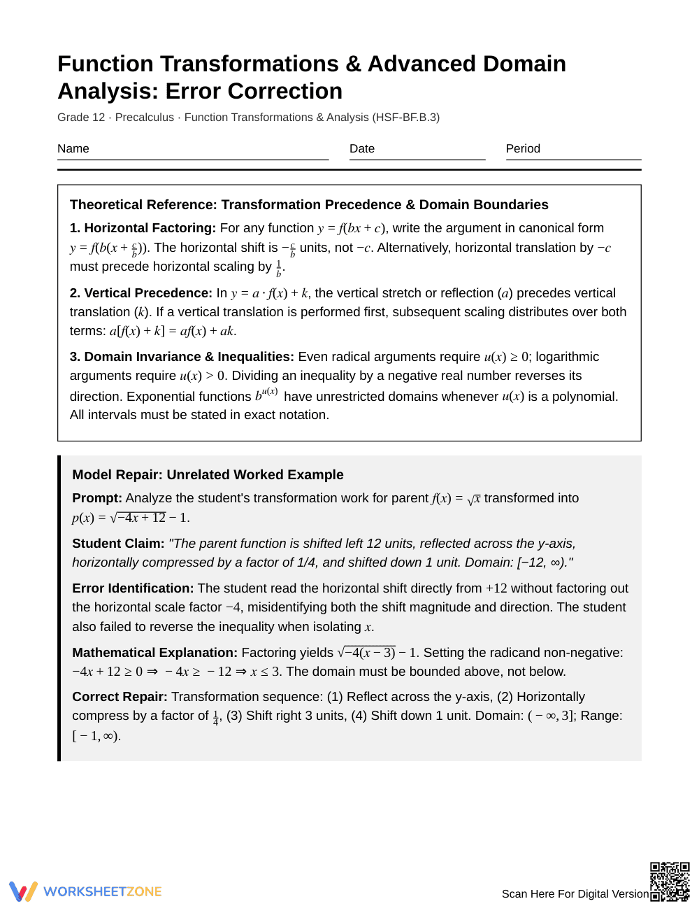 Proven Transform Errors Worksheet | Grade 12 Precalculus - Page 1