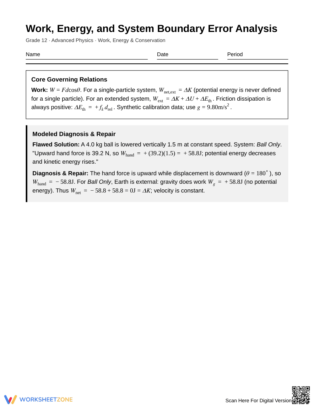 Complete Work & Energy Signs Worksheet | Grade 12 Physics - Page 1
