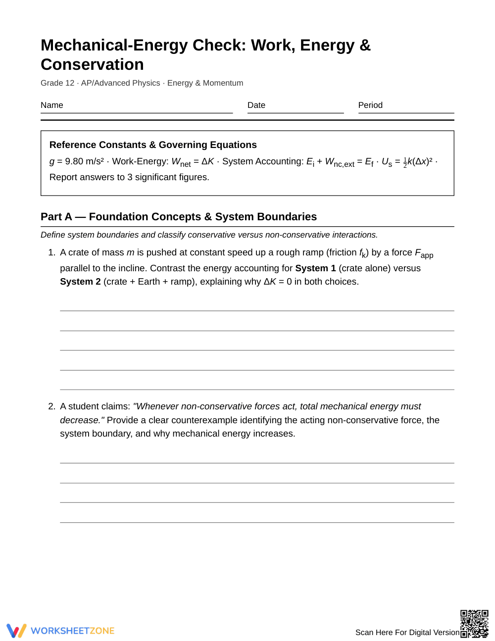 Complete Mechanical Energy Worksheet | Grade 12 Physics - Page 1