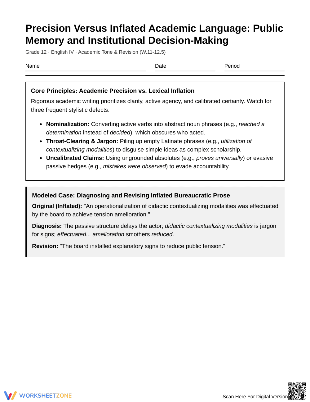 Proven Academic Precision Worksheet | Grade 12 English IV - Page 1