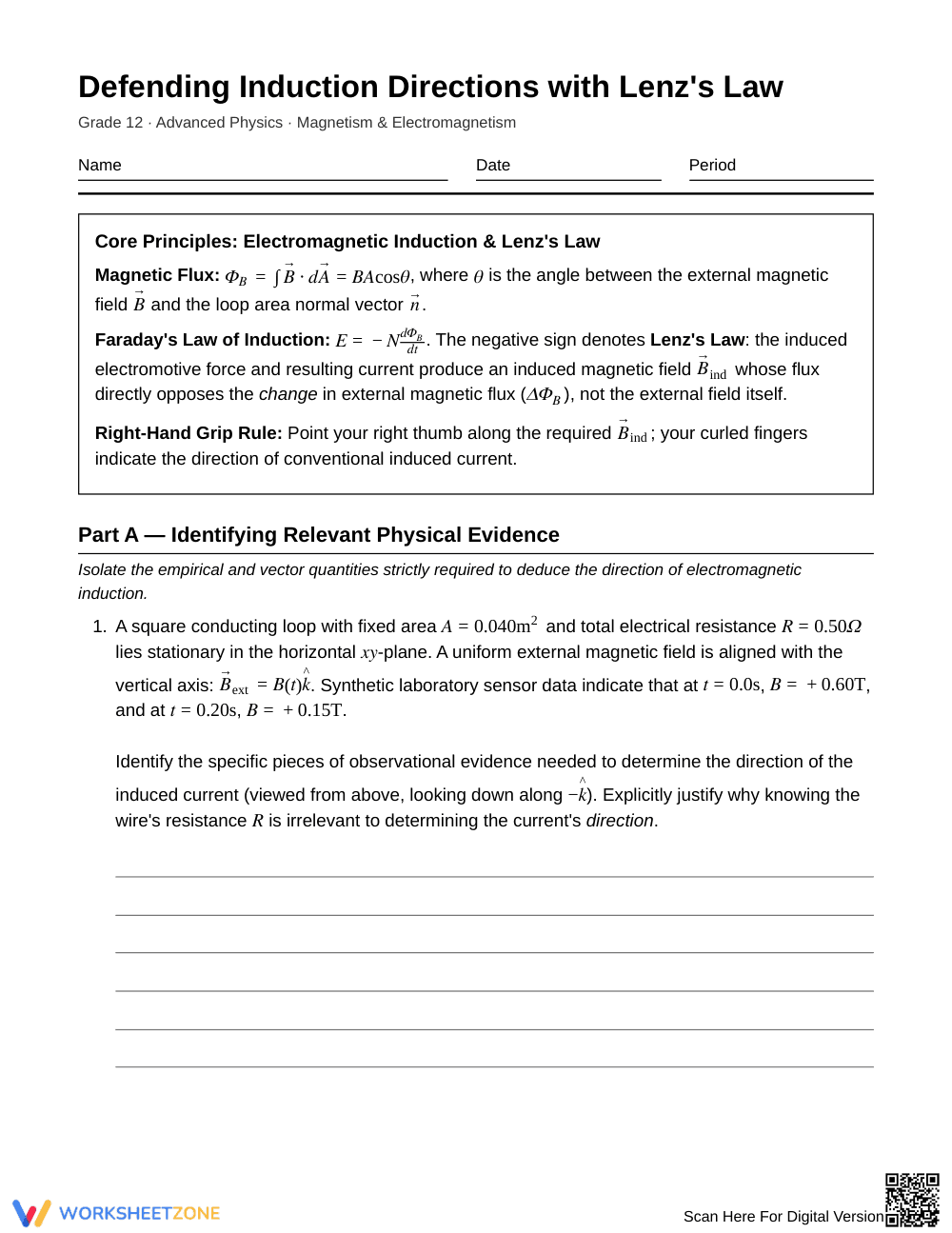 Proven Lenz's Law Induction Worksheet | Grade 12 Physics - Page 1