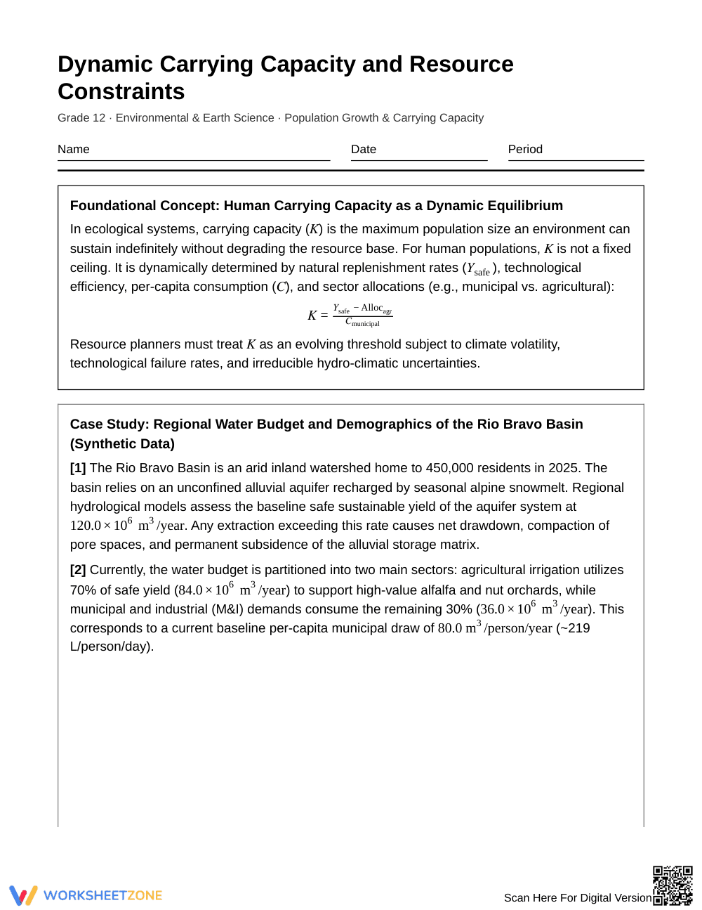 Printable Carrying Capacity Worksheet | Grade 12 Science - Page 1