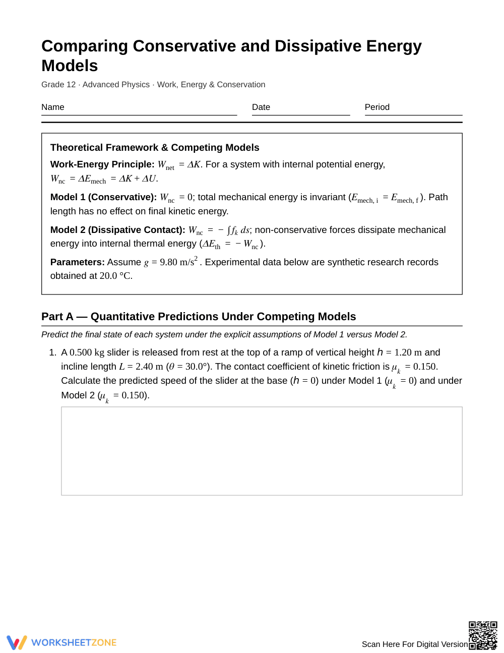 Essential Energy Models Worksheet | Grade 12 Physics - Page 1
