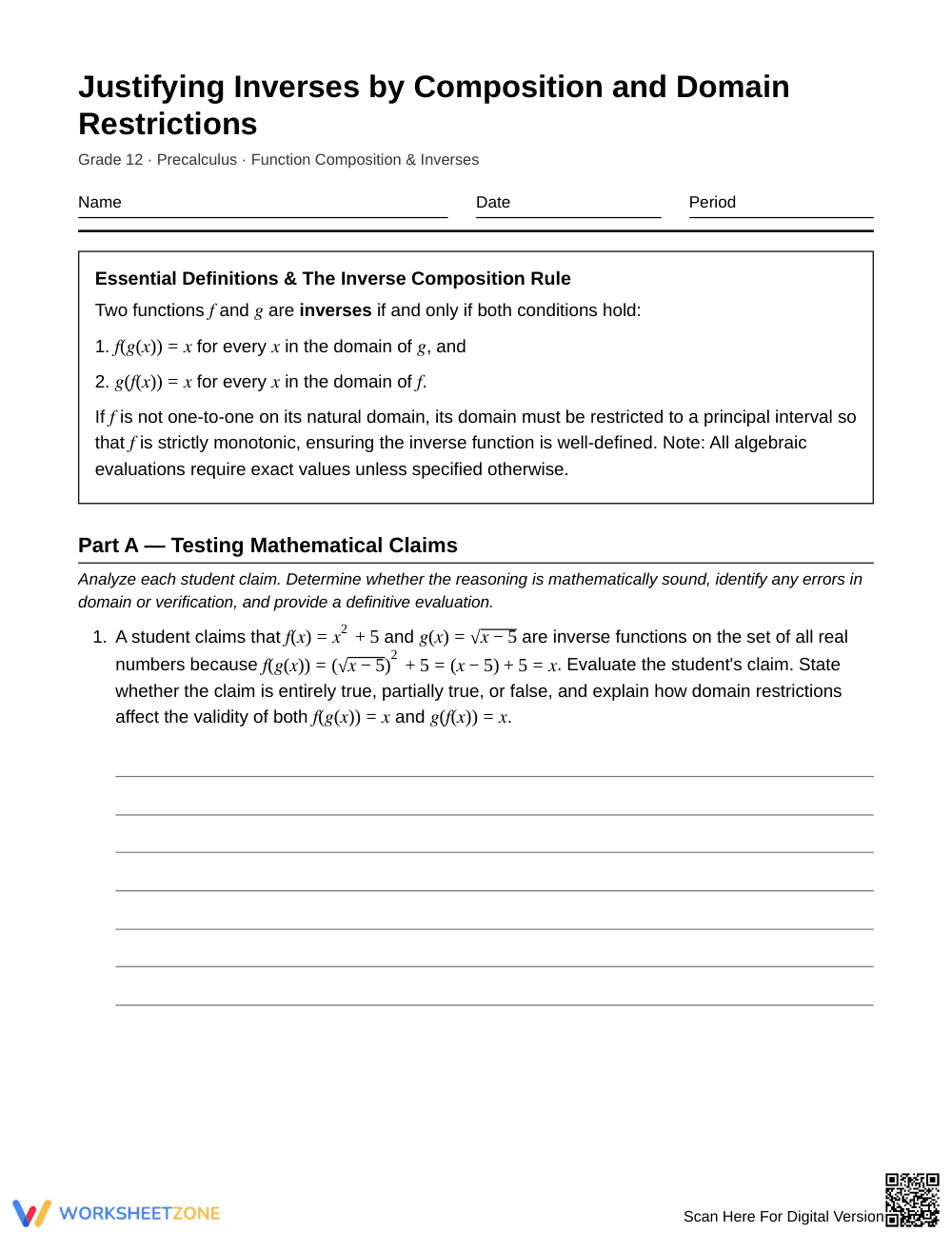 Complete Function Inverses Worksheet | Grade 12 Precalculus - Page 1
