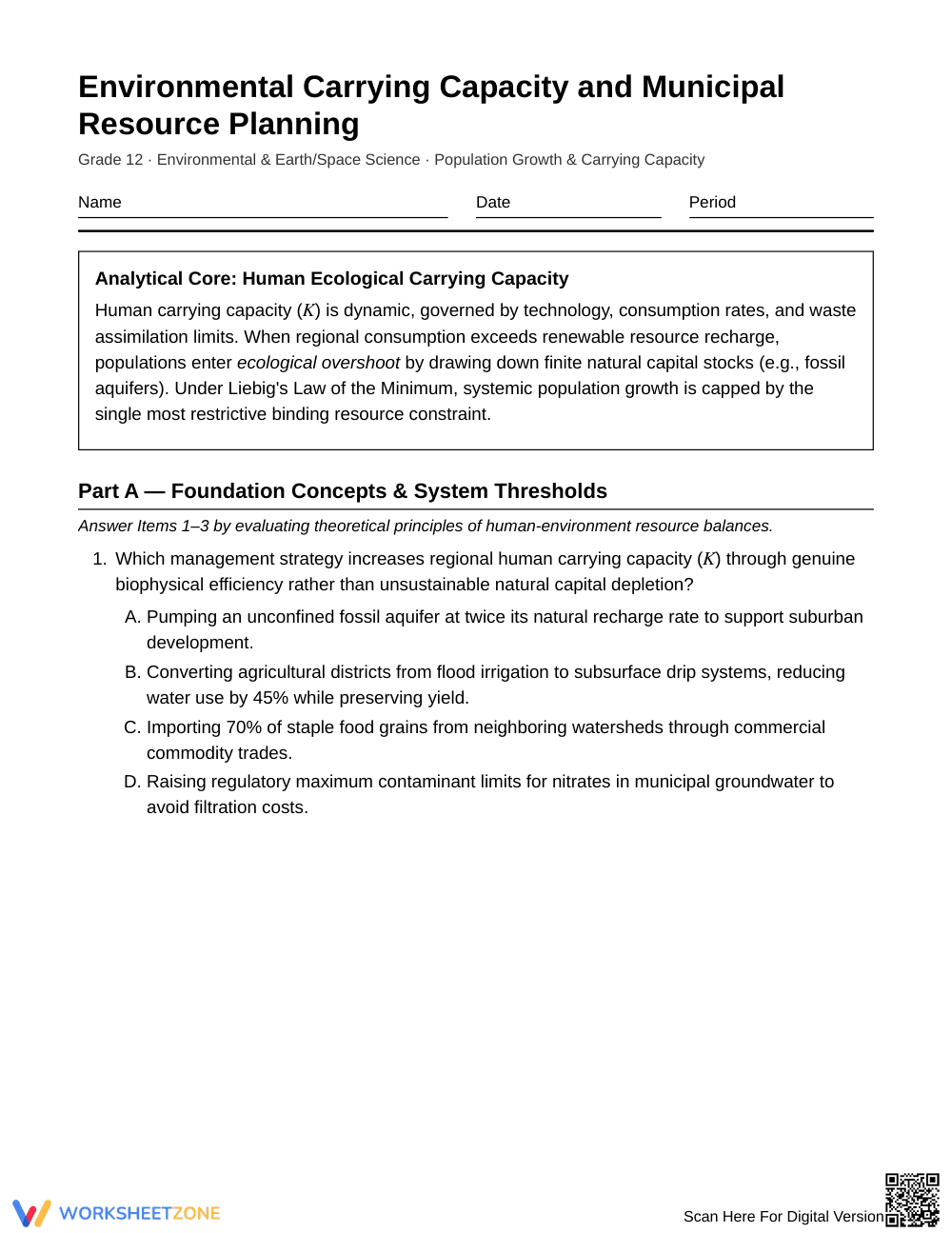 Complete Carrying Capacity Worksheet | Grade 12 Science - Page 1