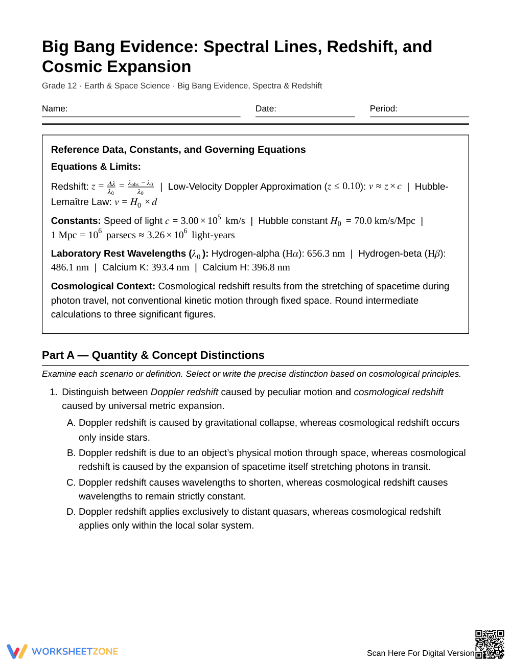 Essential Redshift Worksheet | Grade 12 Earth/Space Science - Page 1