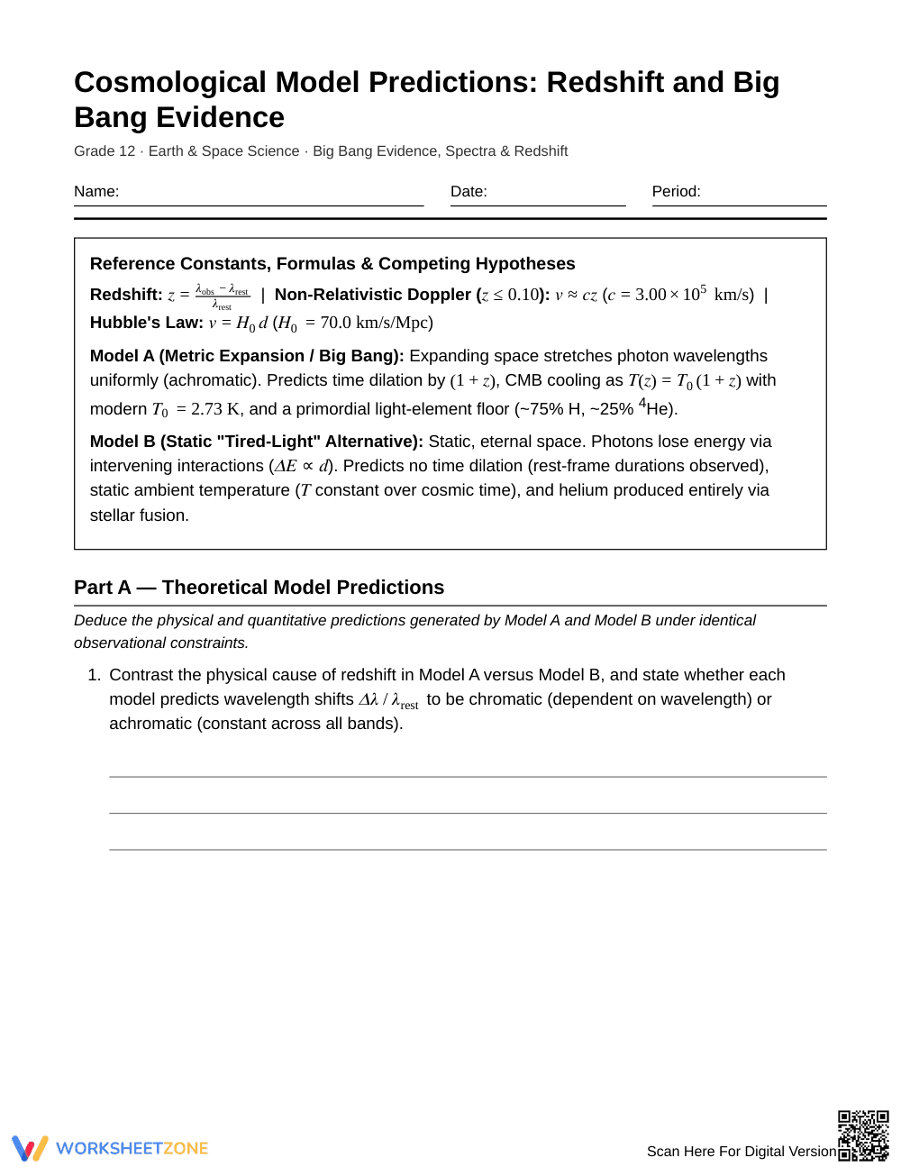 Essential Cosmological Models Worksheet | Grade 12 Science - Page 1