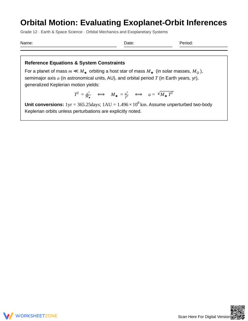 Complete Exoplanet Orbits Worksheet | Grade 12 Science - Page 1