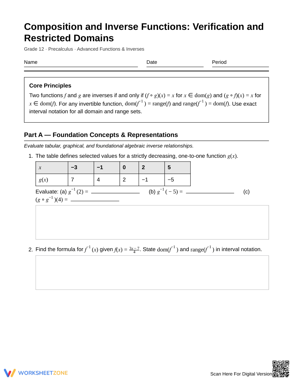 Complete Inverse Functions Worksheet | Grade 12 Precalculus - Page 1