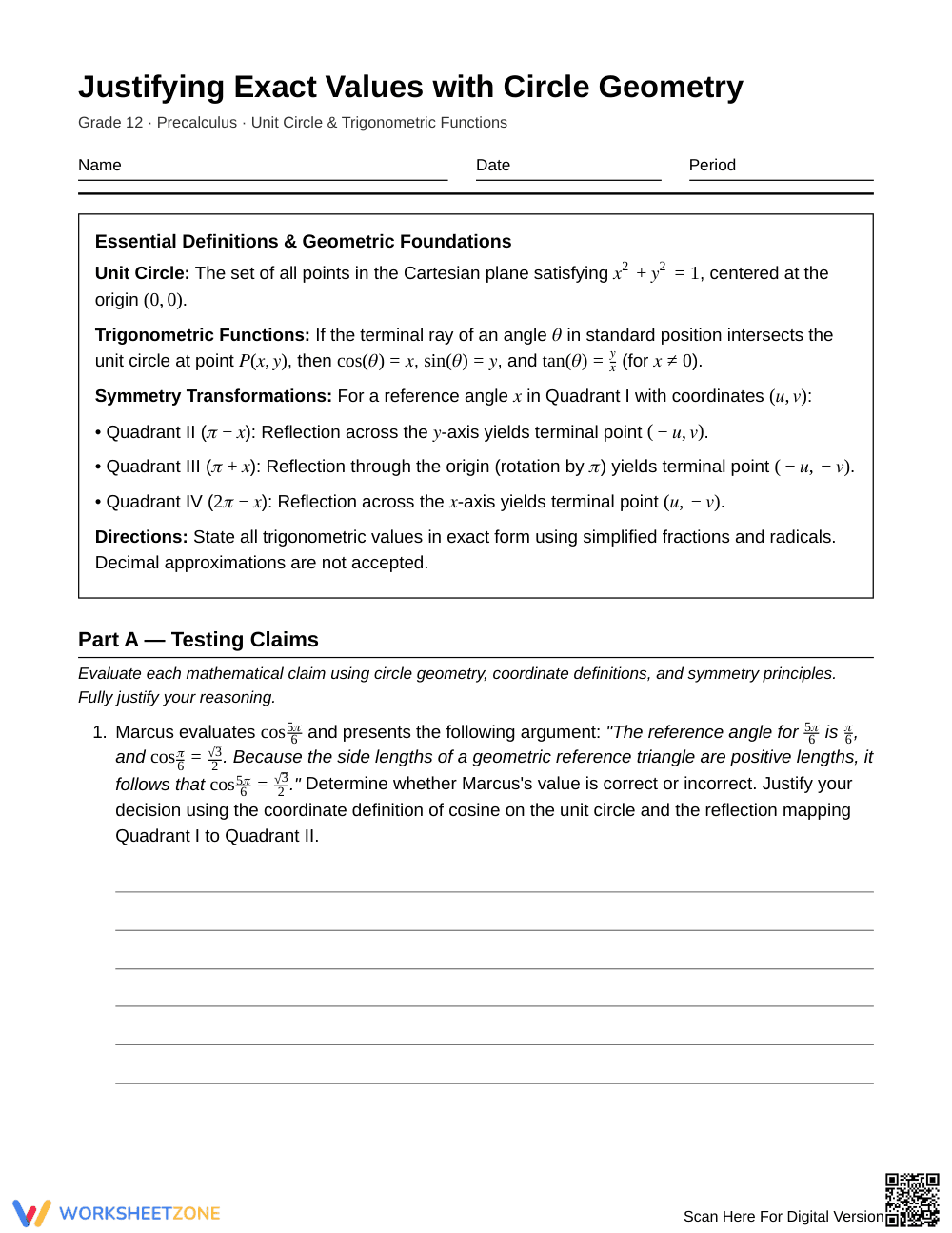 Essential Exact Values Worksheet | Grade 12 Precalculus - Page 1