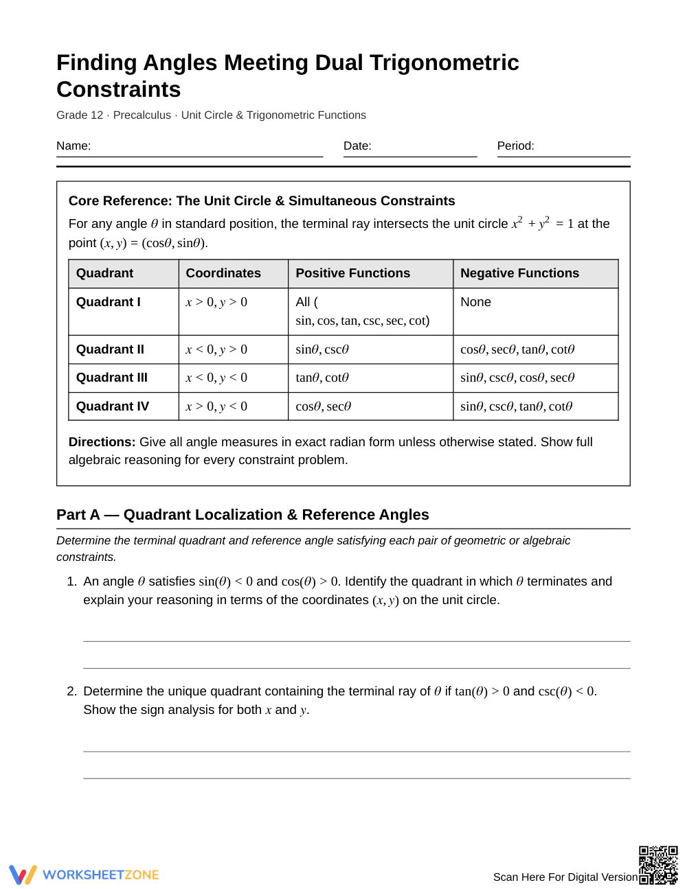 Complete Dual Trig Angles Worksheet | Grade 12 Precalculus - Page 1
