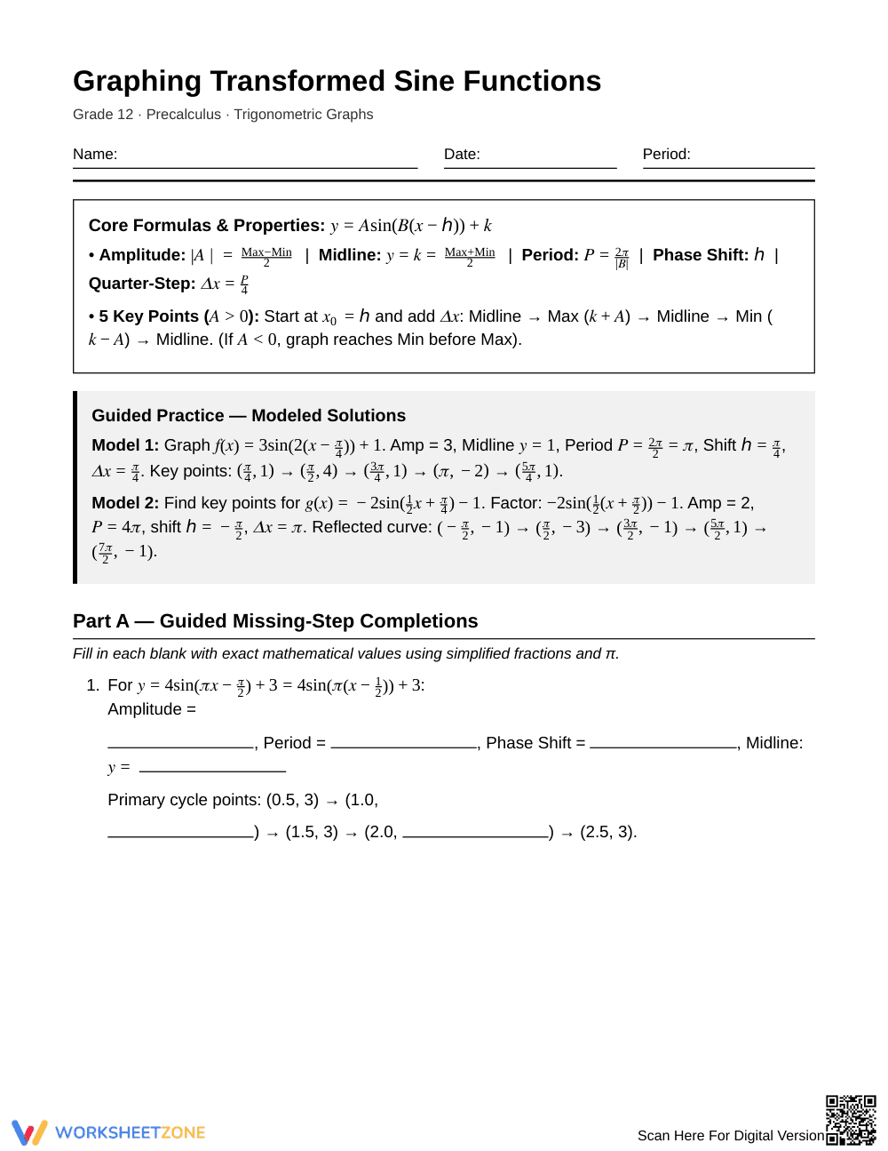 Complete Transformed Sine Worksheet | Grade 12 Precalculus - Page 1
