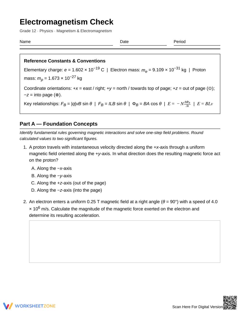 Essential Electromagnetism Worksheet | Grade 12 Physics - Page 1