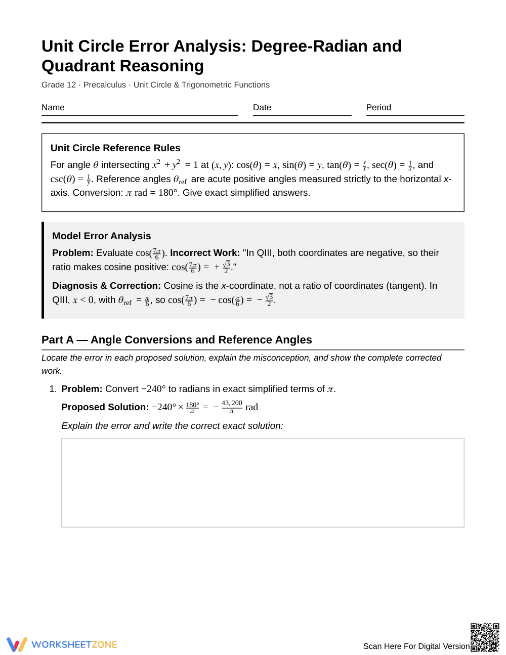 Complete Unit Circle Errors Worksheet | Grade 12 Precalculus - Page 1