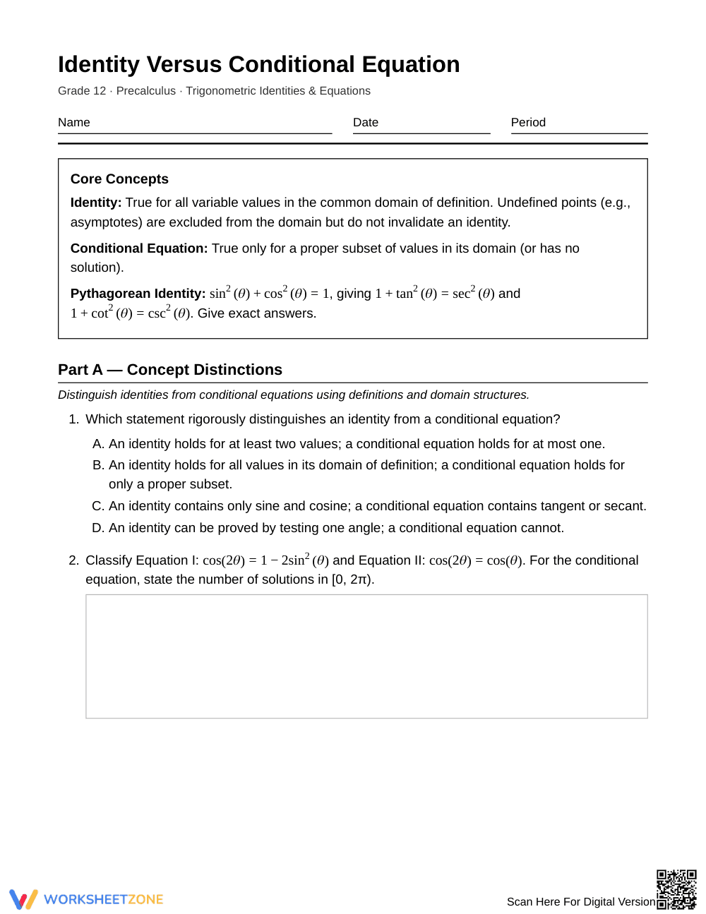 Ready Identity vs Equation Worksheet | Grade 12 Precalculus - Page 1