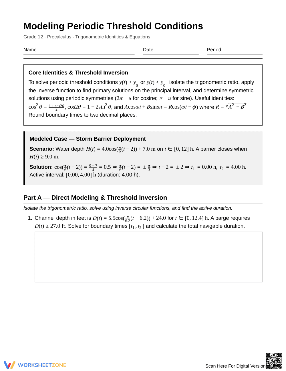 Ready Periodic Thresholds Worksheet | Grade 12 Precalculus - Page 1