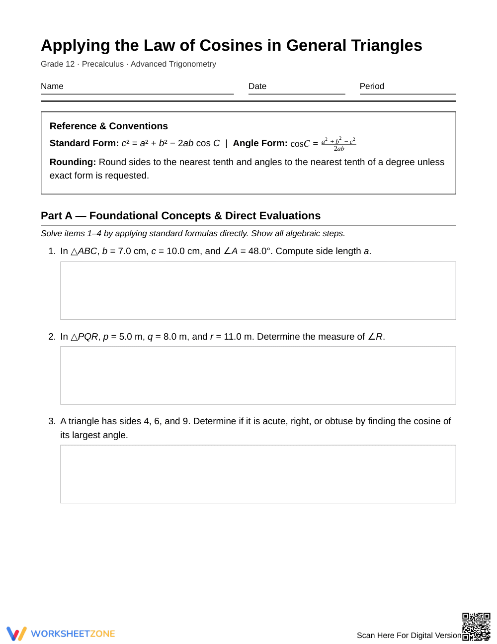 Essential Law of Cosines Worksheet | Grade 12 Precalculus - Page 1