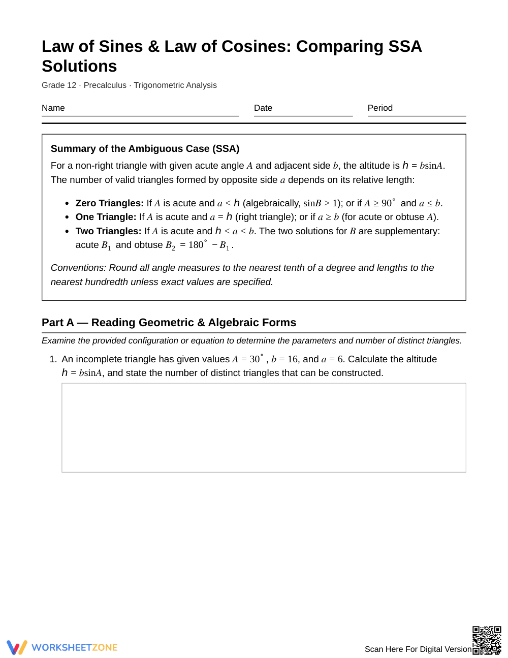 Essential SSA Solutions Worksheet | Grade 12 Precalculus - Page 1