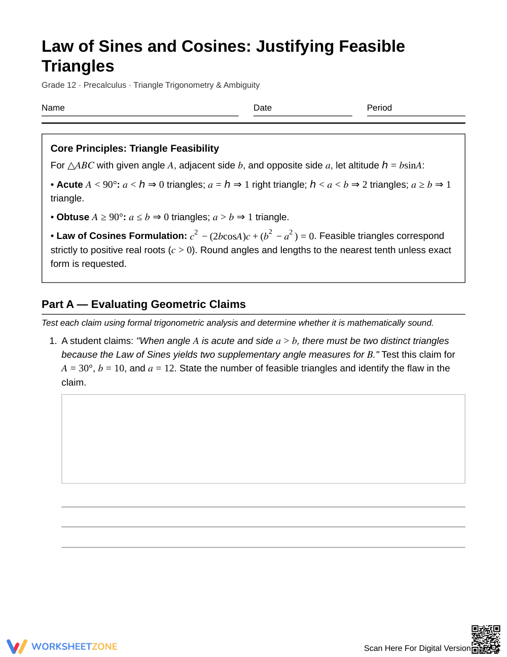 Aligned Feasible Triangles Worksheet | Grade 12 Precalculus - Page 1