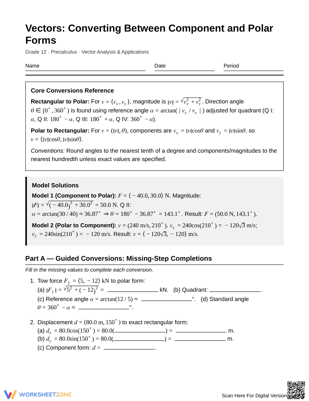 Ready Vector Conversion Worksheet | Grade 12 Precalculus - Page 1