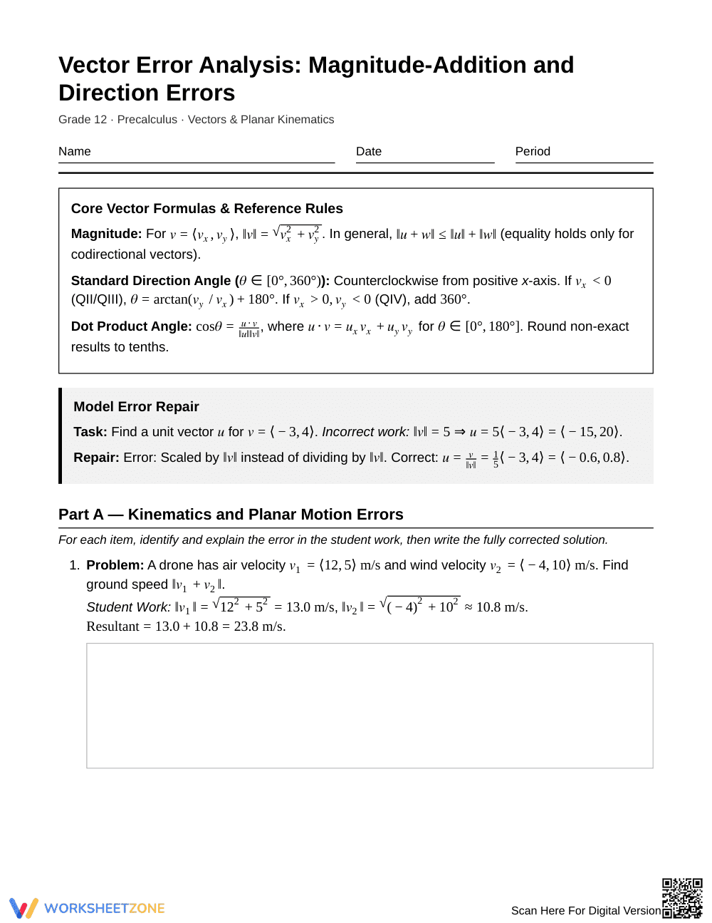 Proven Vector Error Repair Worksheet | Grade 12 Precalculus - Page 1
