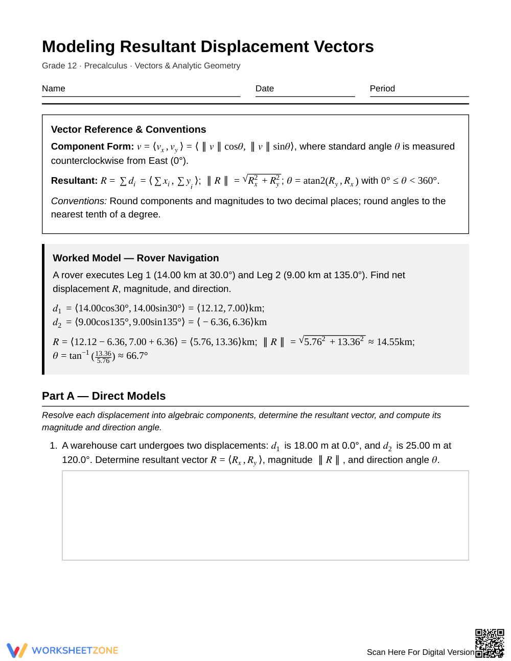 Complete Resultant Vector Worksheet | Grade 12 Precalculus - Page 1