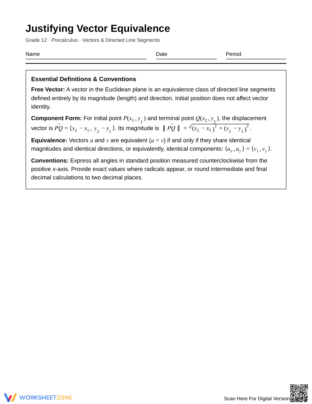 Proven Vector Equivalence Worksheet | Grade 12 Precalculus - Page 1