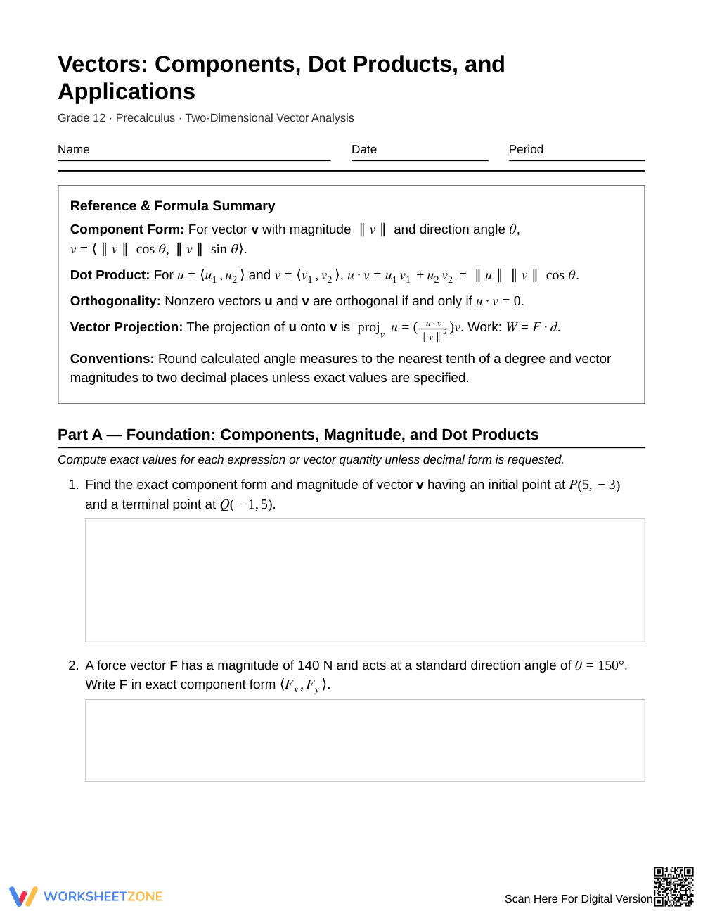 Complete Vector Operations Worksheet | Grade 12 Precalculus - Page 1