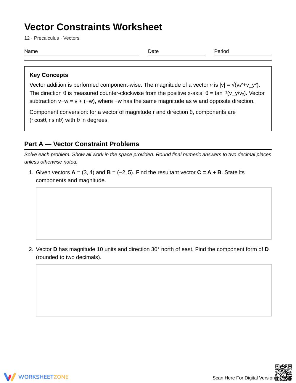 Printable Unknown Vectors Worksheet | Grade 12 Precalculus - Page 1