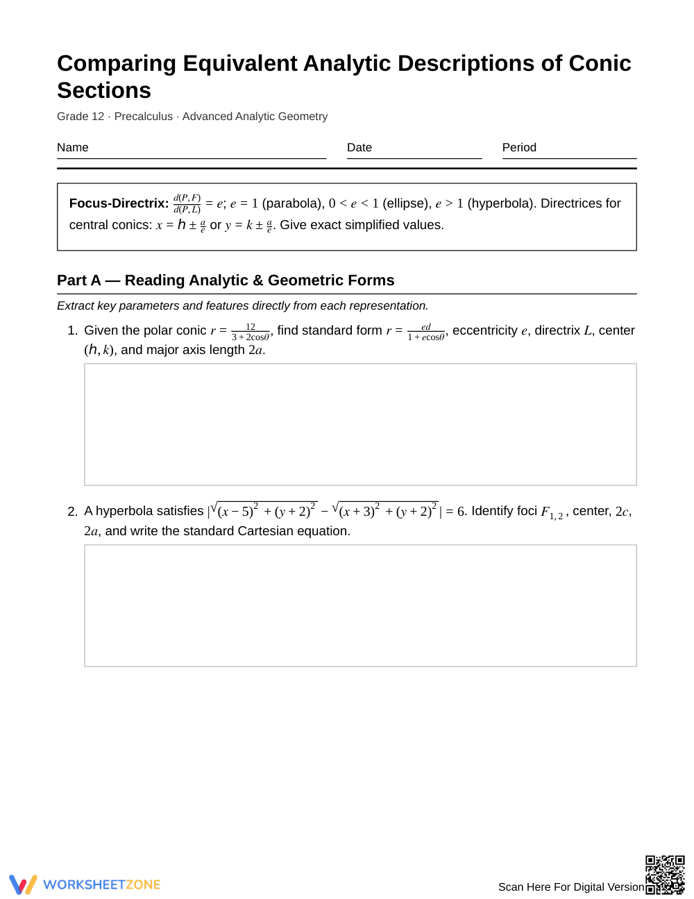 Complete Analytic Conics Worksheet | Grade 12 Precalculus - Page 1