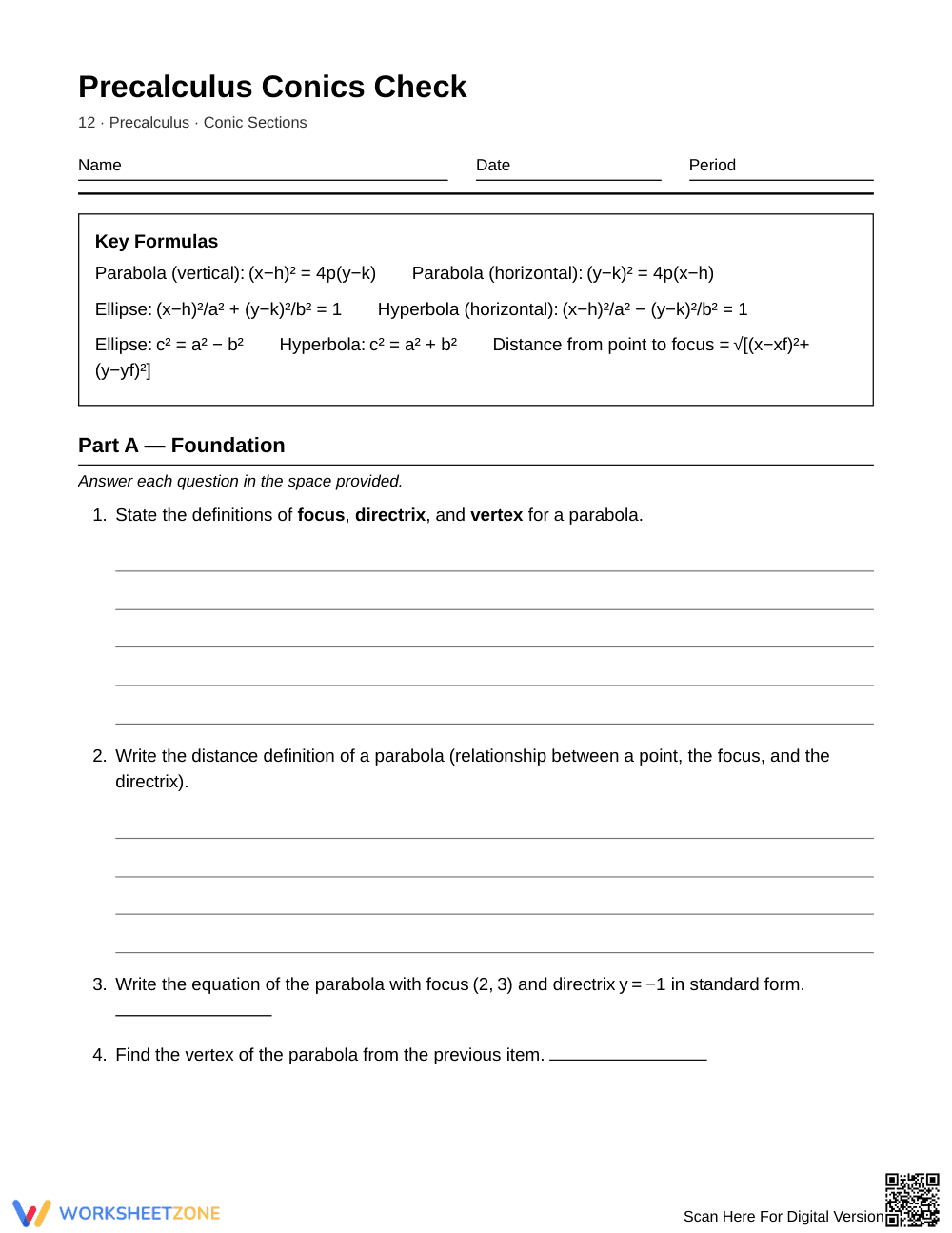 Essential Conic Sections Worksheet | Grade 12 Precalculus - Page 1