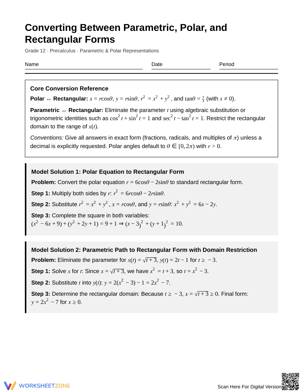 Ready Convert Between Forms Worksheet | Grade 12 Precalculus - Page 1