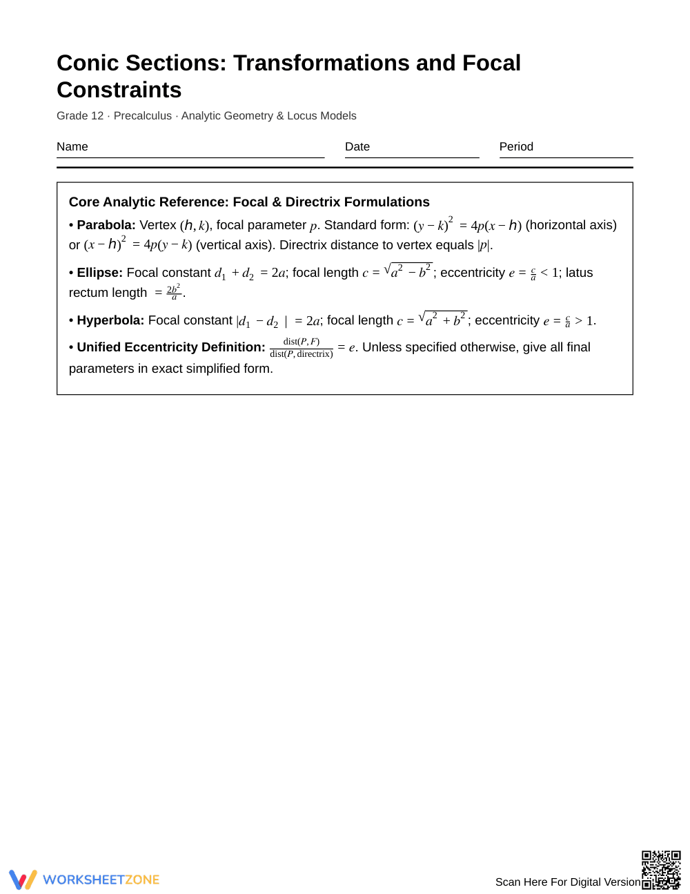 Free Conic Transformations Worksheet | Grade 12 Precalculus - Page 1