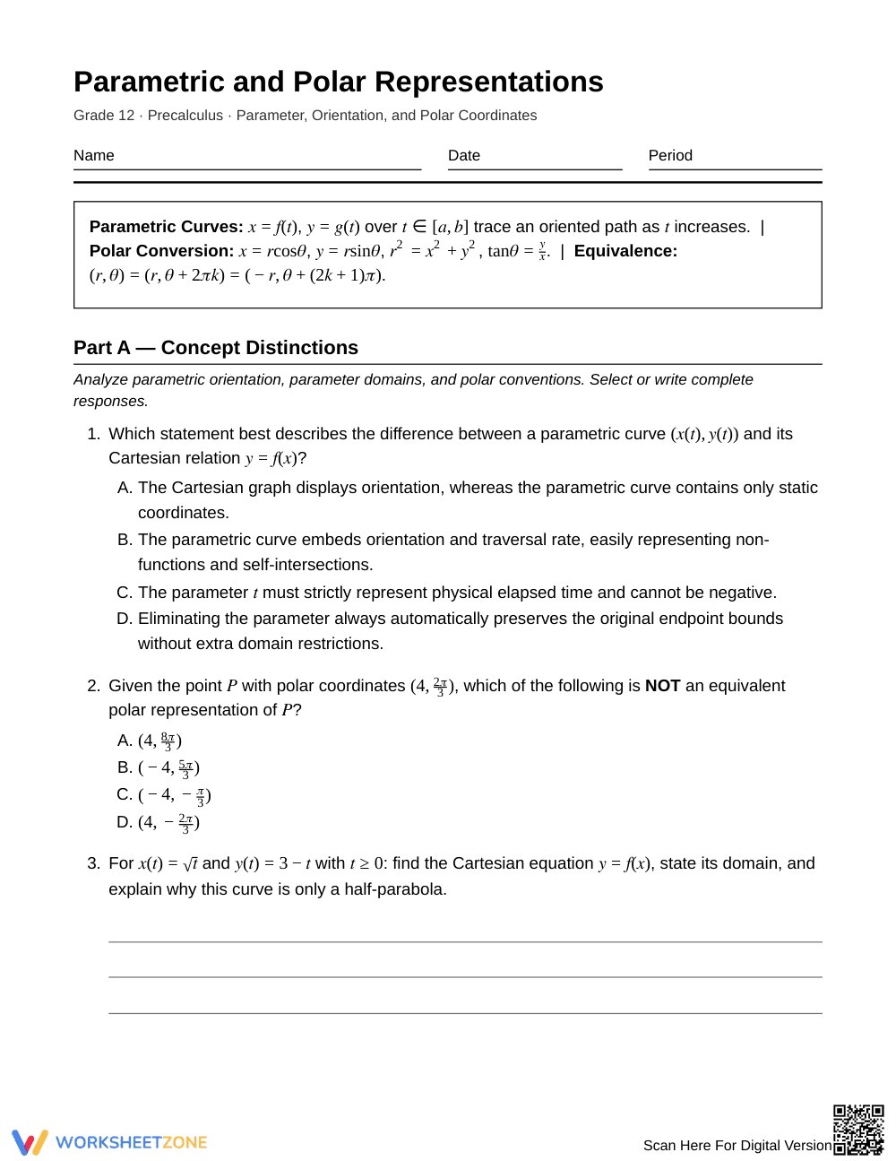 Free Parametric & Polar Worksheet | Grade 12 Precalculus - Page 1