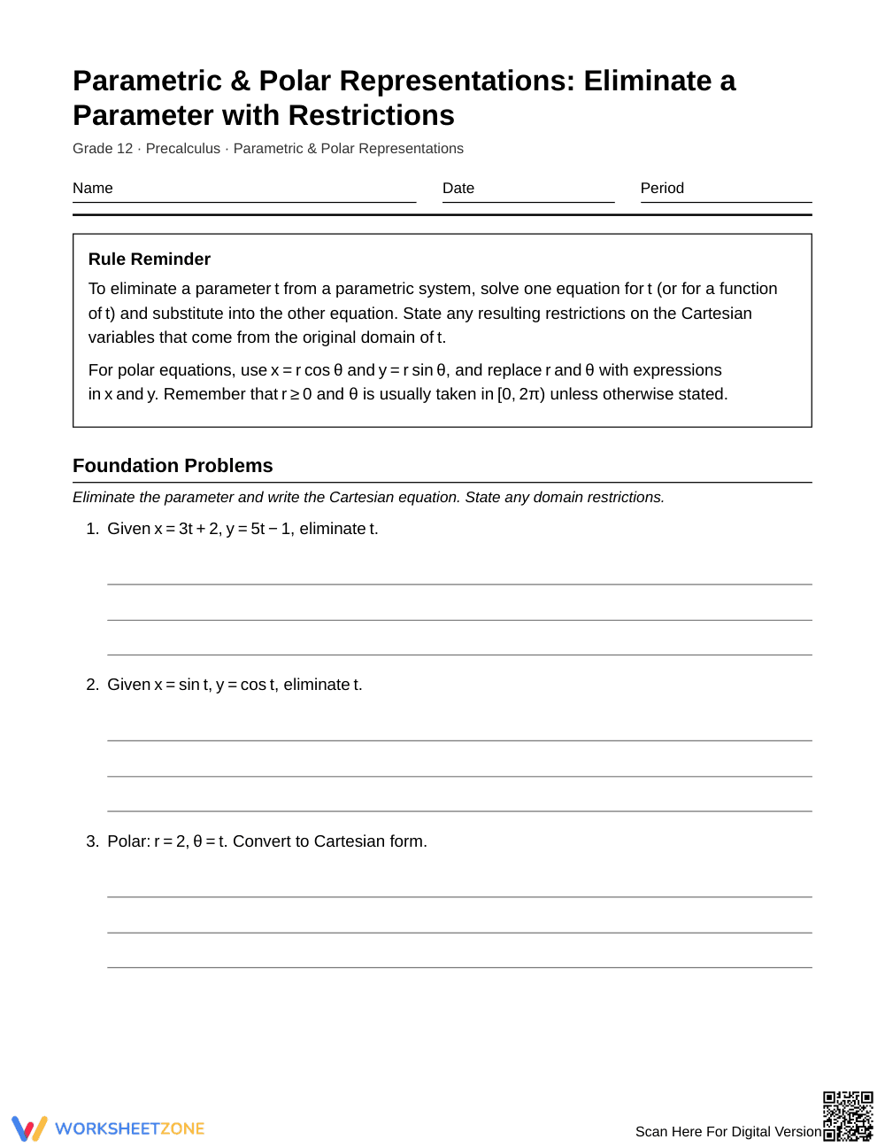 Ready Parameter Elimination Worksheet | Grade 12 Precalculus - Page 1