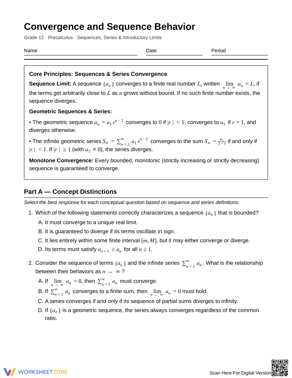 Ready Sequence Convergence Worksheet | Grade 12 Precalculus - Page 1
