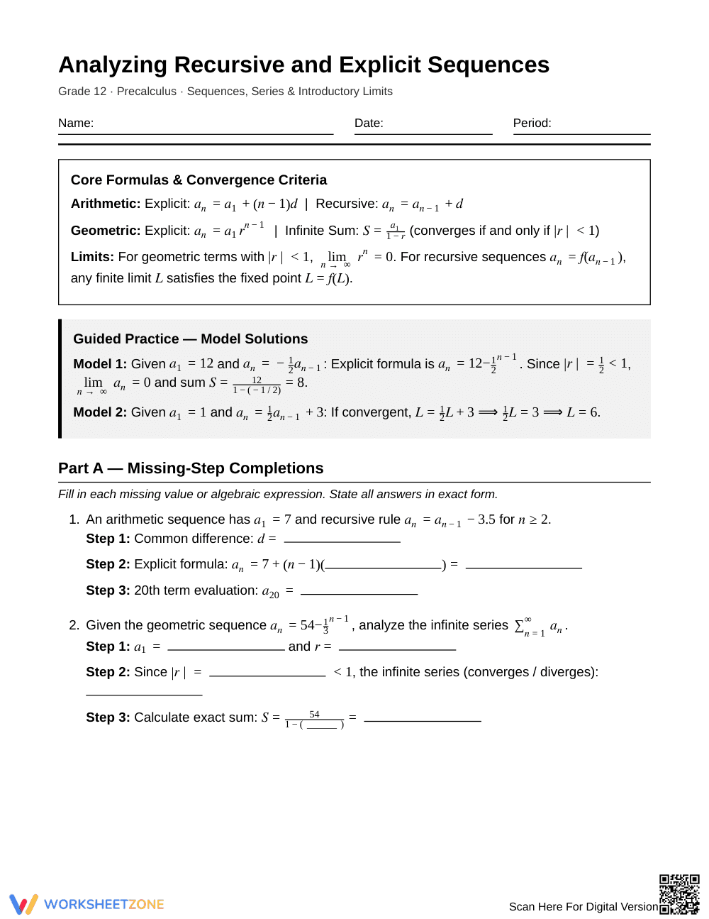 Complete Sequence Analysis Worksheet | Grade 12 Precalculus - Page 1