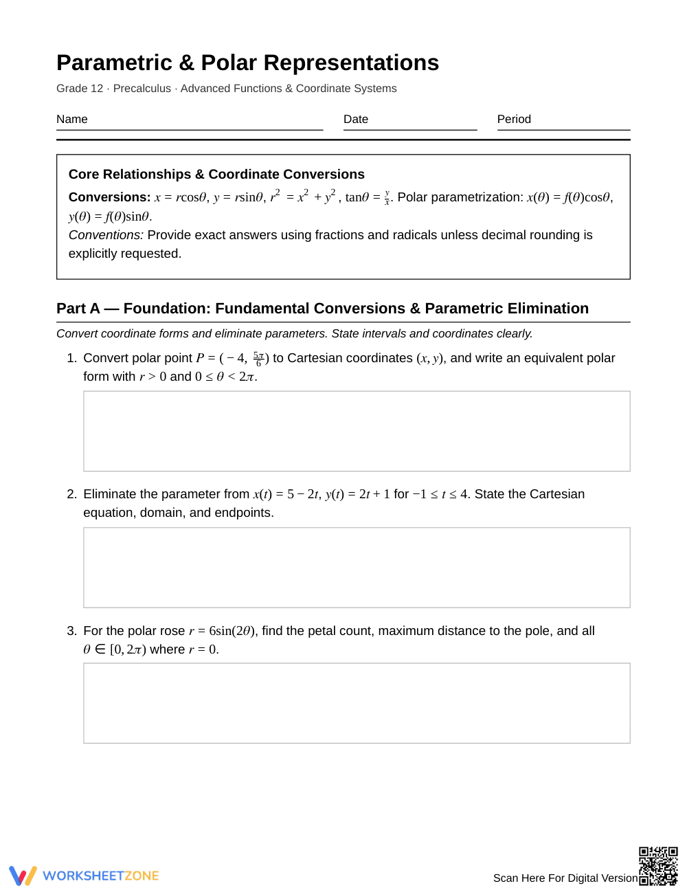 Ready Parametric & Polar Worksheet | Grade 12 Precalculus - Page 1