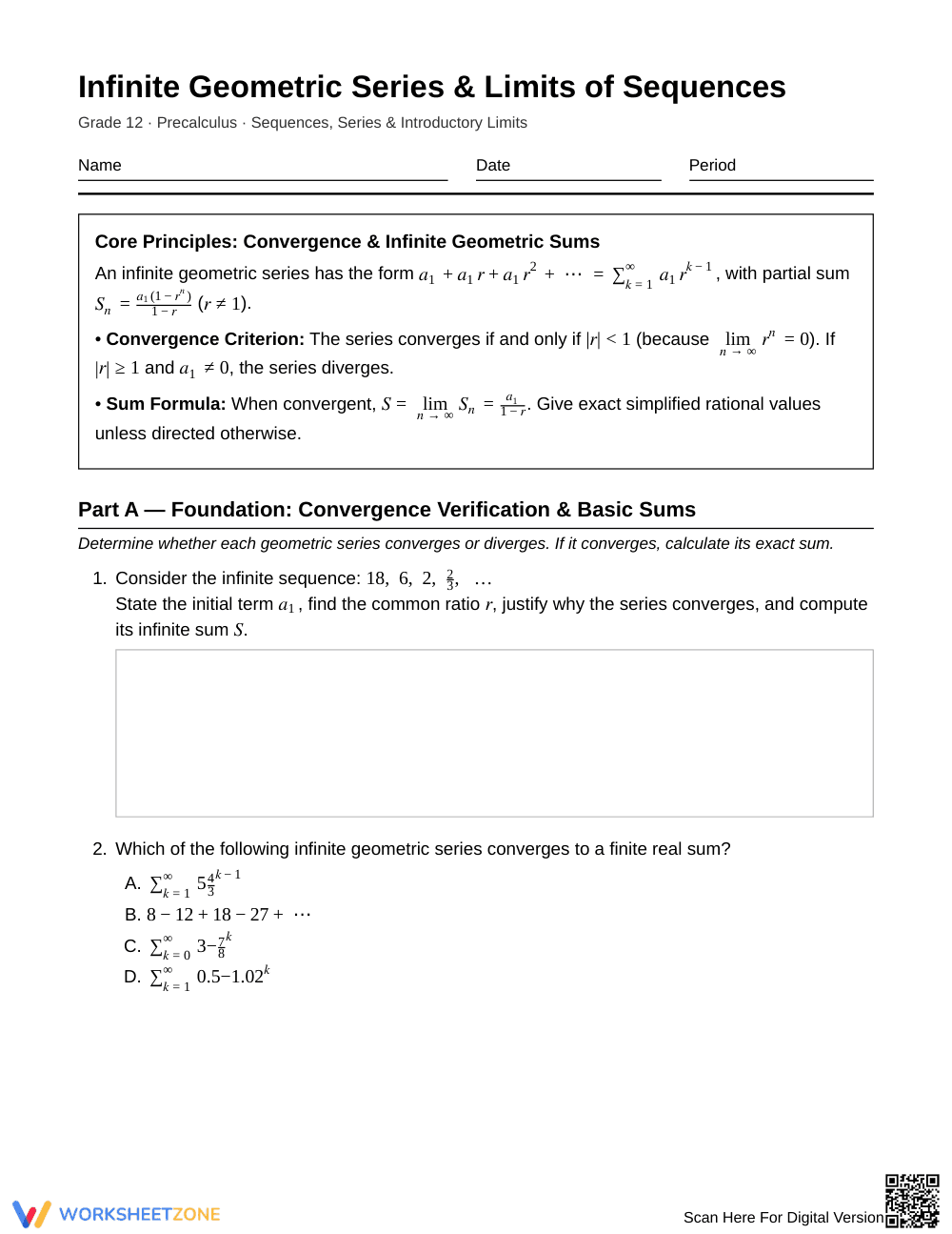 Essential Geometric Sums Worksheet | Grade 12 Precalculus - Page 1