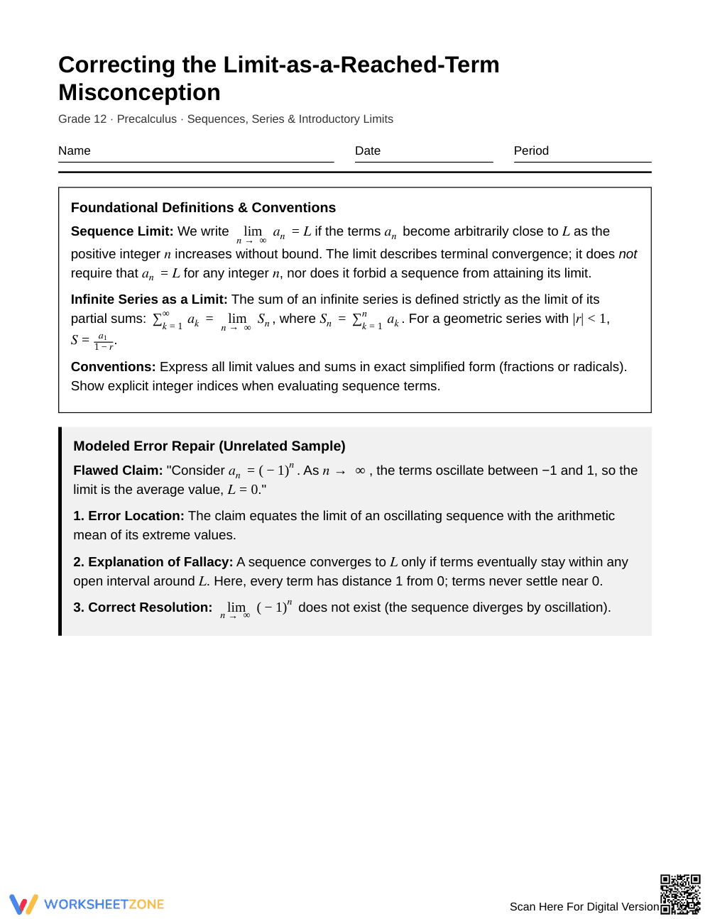 Complete Sequence Limits Worksheet | Grade 12 Precalculus - Page 1