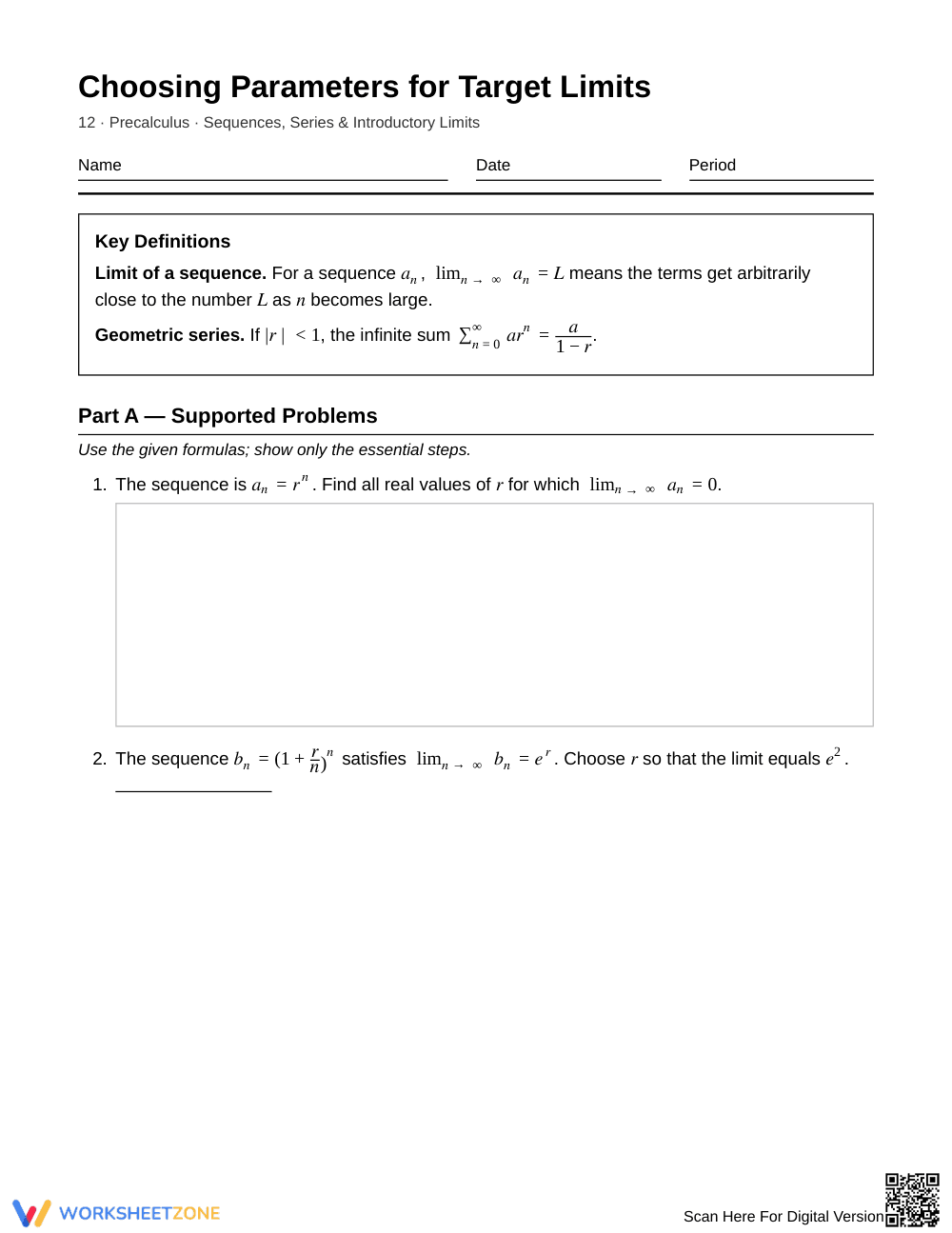 Essential Target Limits Worksheet | Grade 12 Precalculus - Page 1