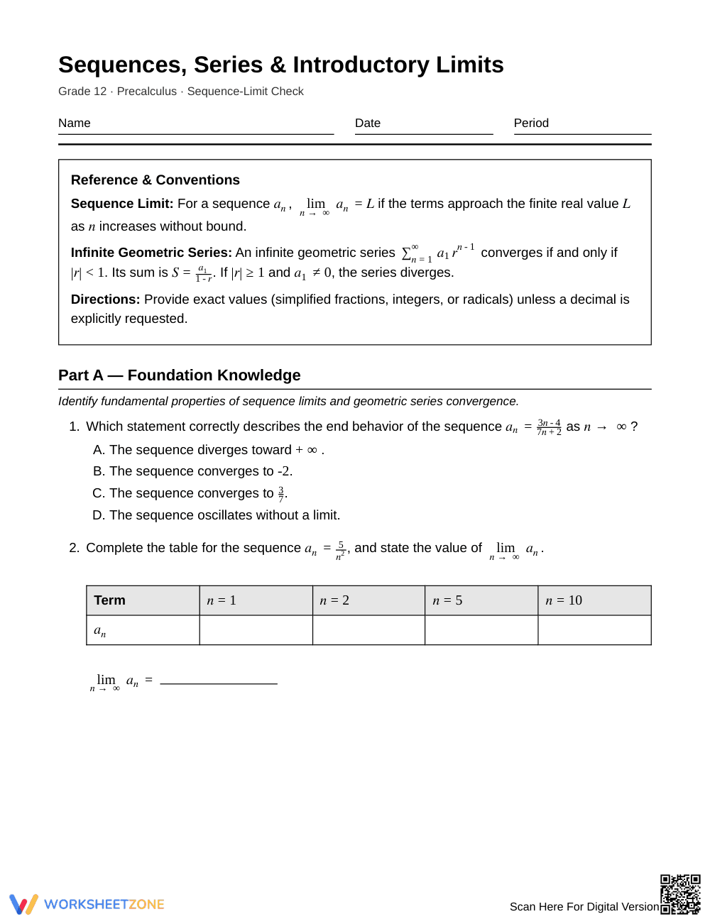 Complete Sequence Limits Worksheet | Grade 12 Precalculus - Page 1