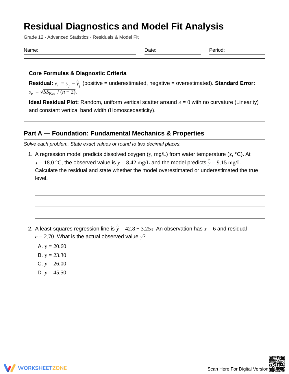 Proven Residual Diagnostics Worksheet | Grade 12 Statistics - Page 1