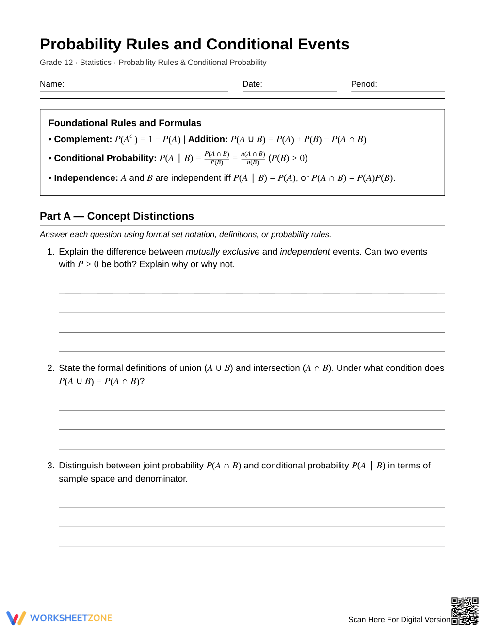 Complete Conditional Events Worksheet | Grade 12 Statistics - Page 1