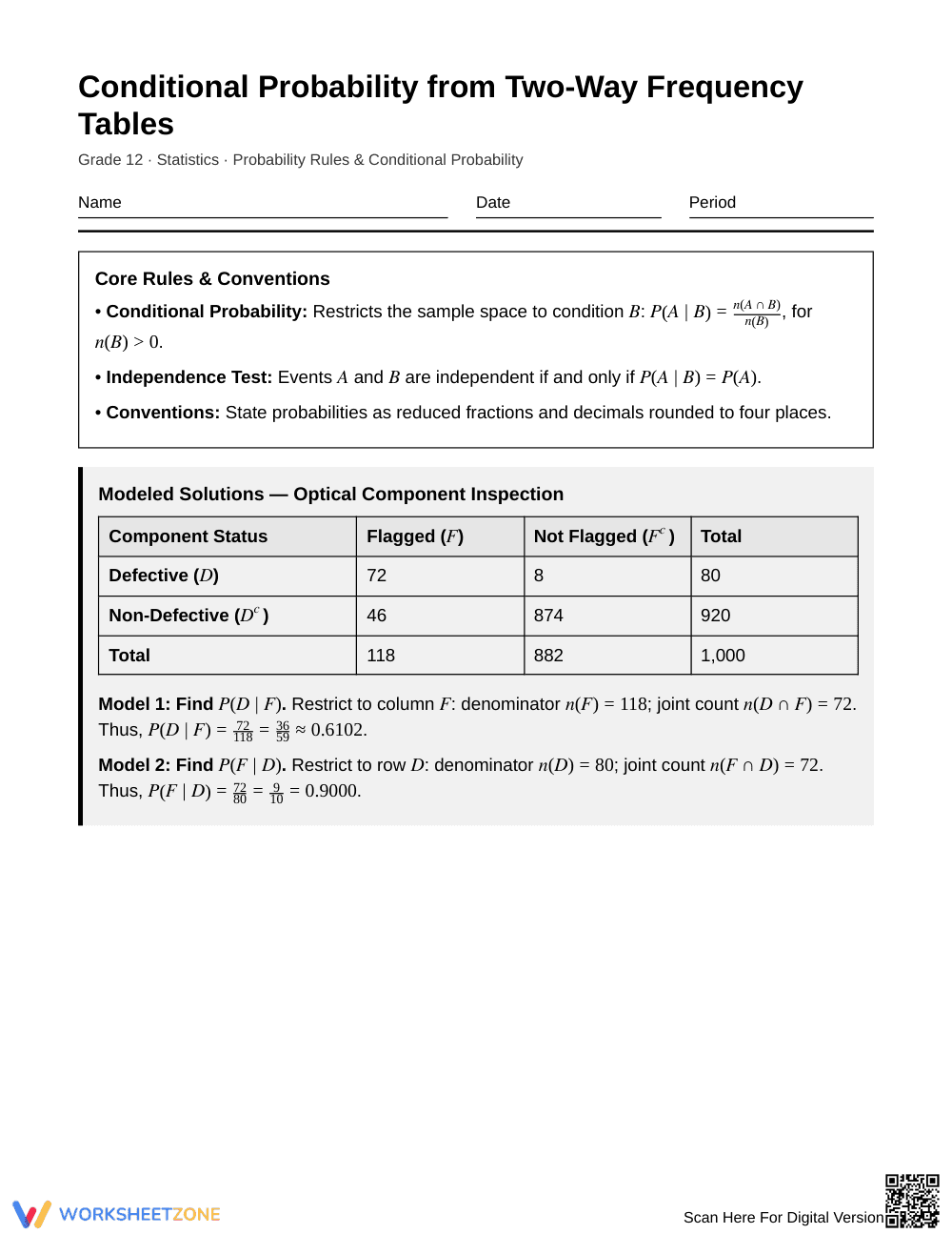 Complete Probability Tables Worksheet | Grade 12 Statistics - Page 1